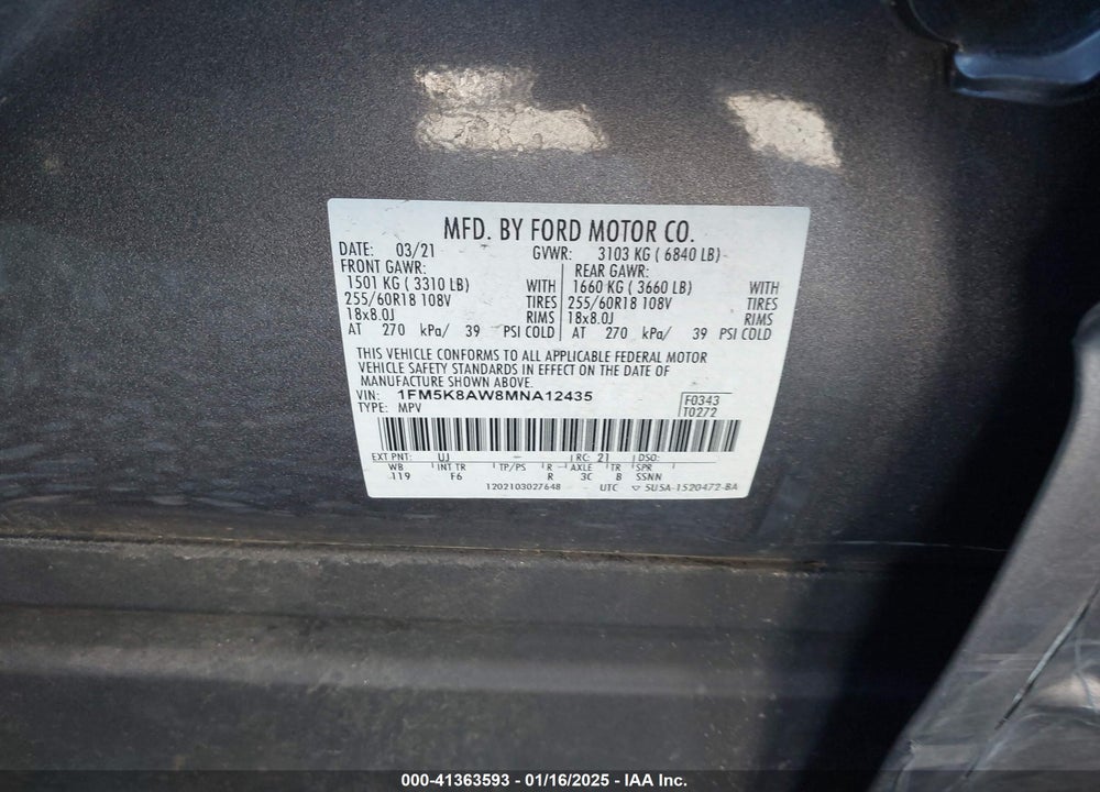 2021 FORD POLICE INTERCEPTOR VIN: 1FM5K8AW8MNA12435