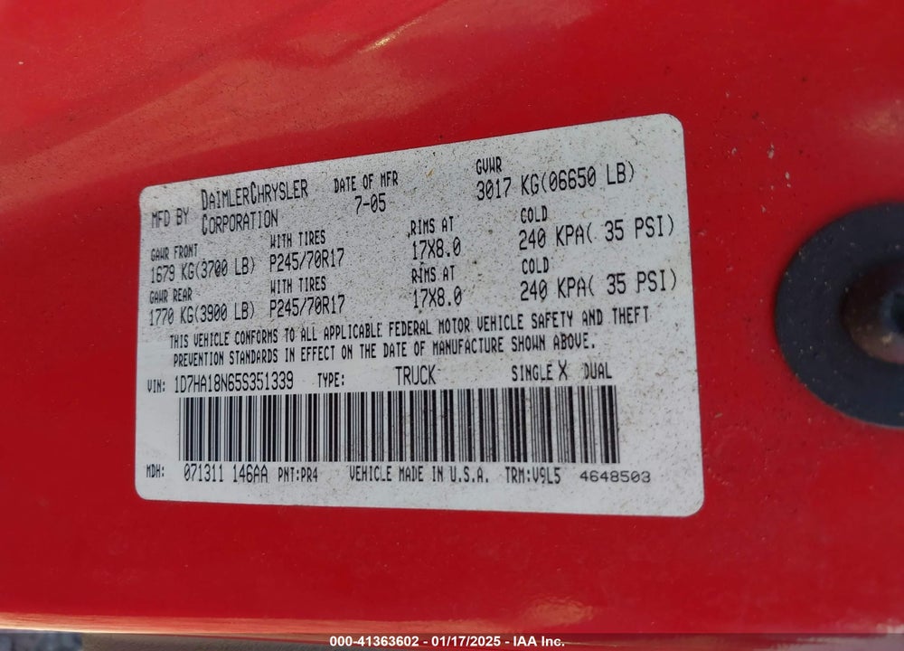 2005 DODGE RAM 1500 SLT/LARAMIE VIN: 1D7HA18N65S351339