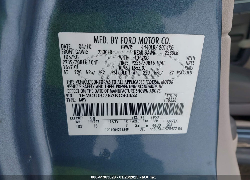 2010 FORD ESCAPE XLS VIN: 1FMCU0C78AKC90452