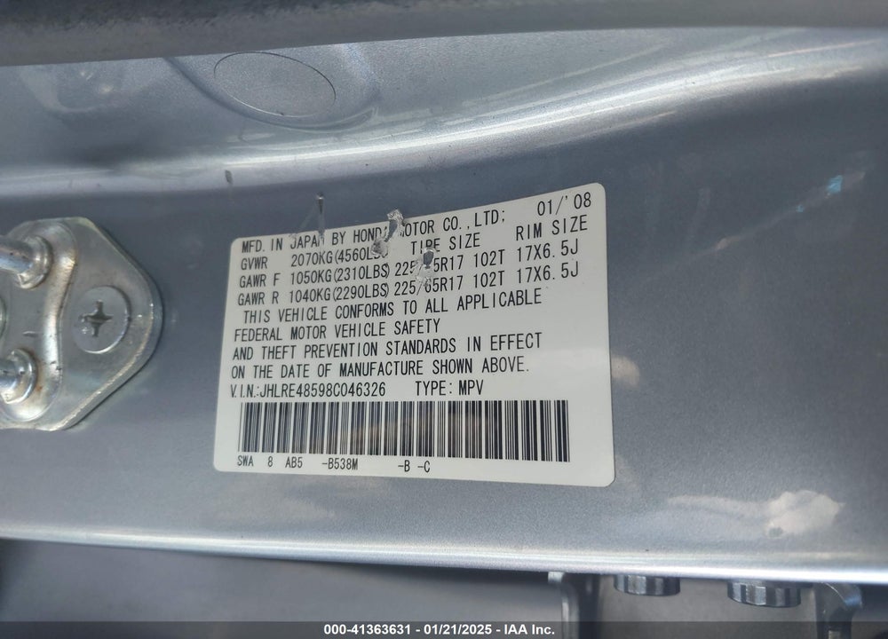 2008 HONDA CR-V EX VIN: JHLRE48598C046326
