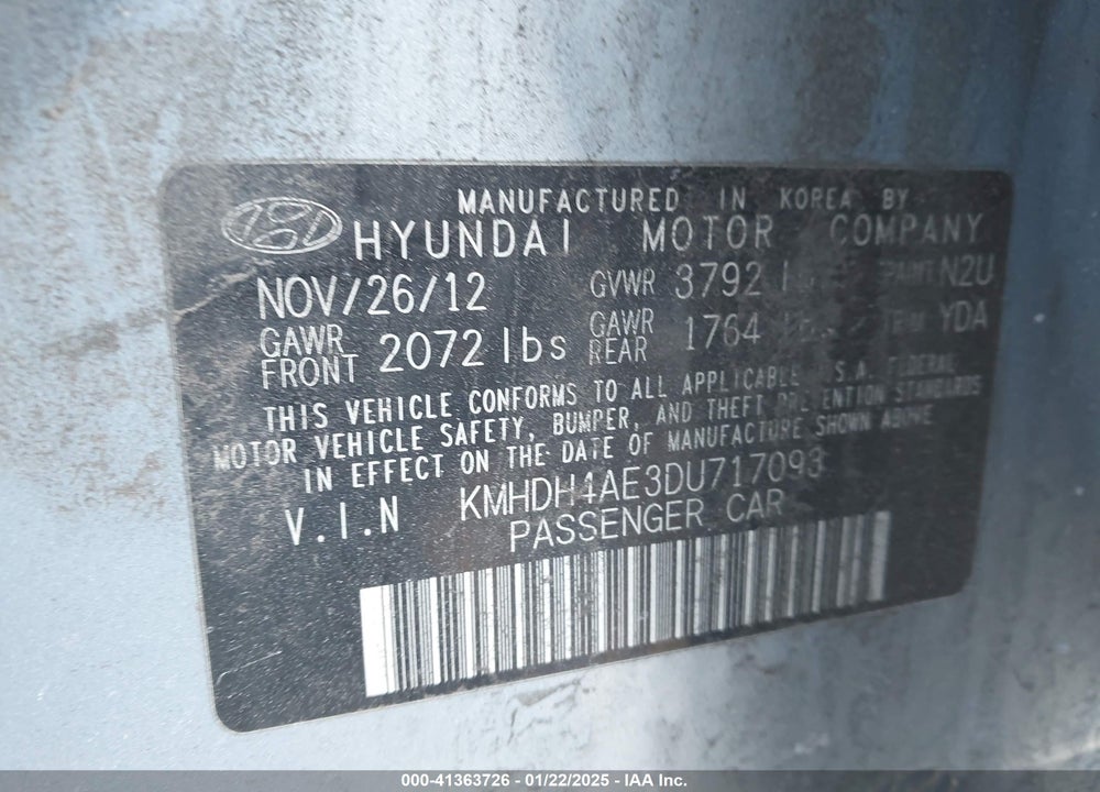 2013 HYUNDAI ELANTRA VIN: KMHDH4AE3DU717093