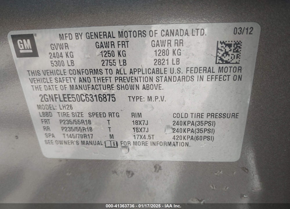 2012 CHEVROLET EQUINOX 1LT VIN: 2GNFLEE50C6316875