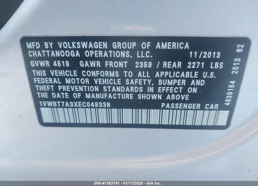 2014 VOLKSWAGEN PASSAT VIN: 1VWBT7A3XEC049338