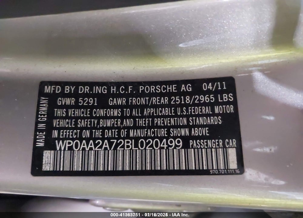 2011 PORSCHE PANAMERA 4 VIN: WP0AA2A72BL020499