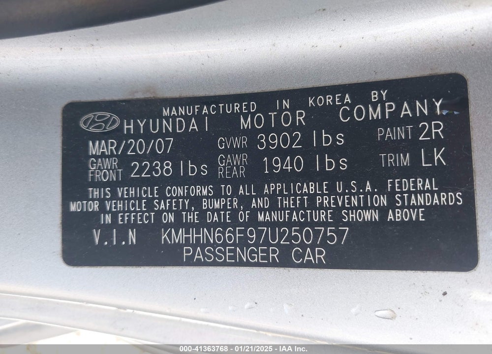 2007 HYUNDAI TIBURON VIN: KMHHN66F97U250757