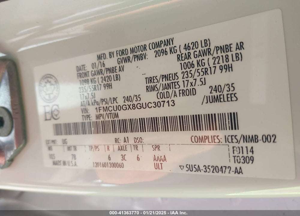 2016 FORD ESCAPE SE VIN: 1FMCU0GX8GUC30713