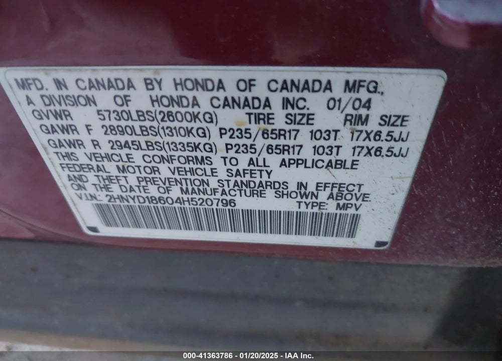 2004 ACURA MDX VIN: 2HNYD18604H520796