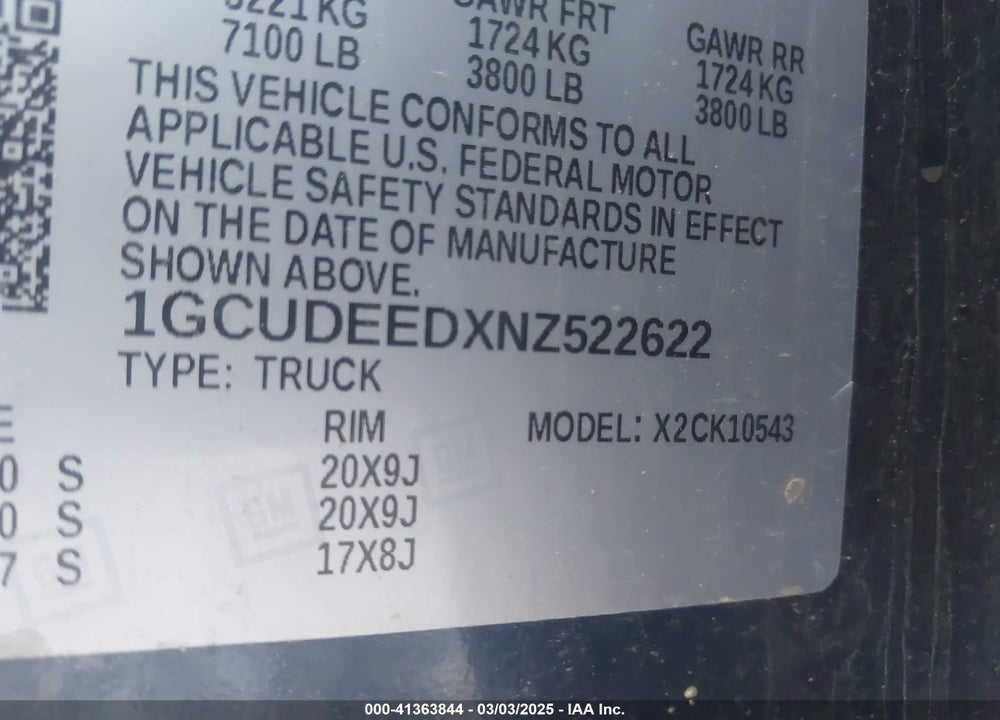 2022 CHEVROLET SILVERADO 1500 VIN: 1GCUDEEDXNZ522622
