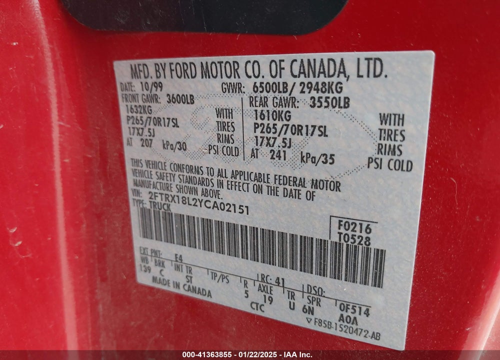 2000 FORD F-150 LARIAT/WORK SERIES/XL/XLT VIN: 2FTRX18L2YCA02151