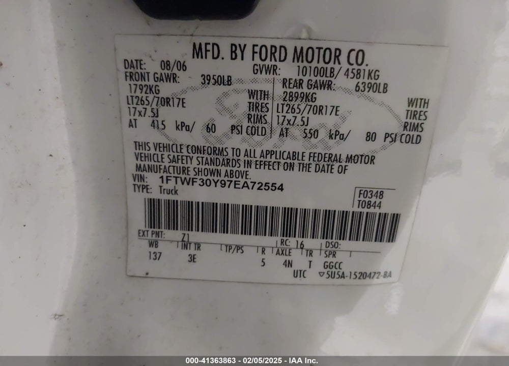 2007 FORD F-350 XL/XLT VIN: 1FTWF30Y97EA72554