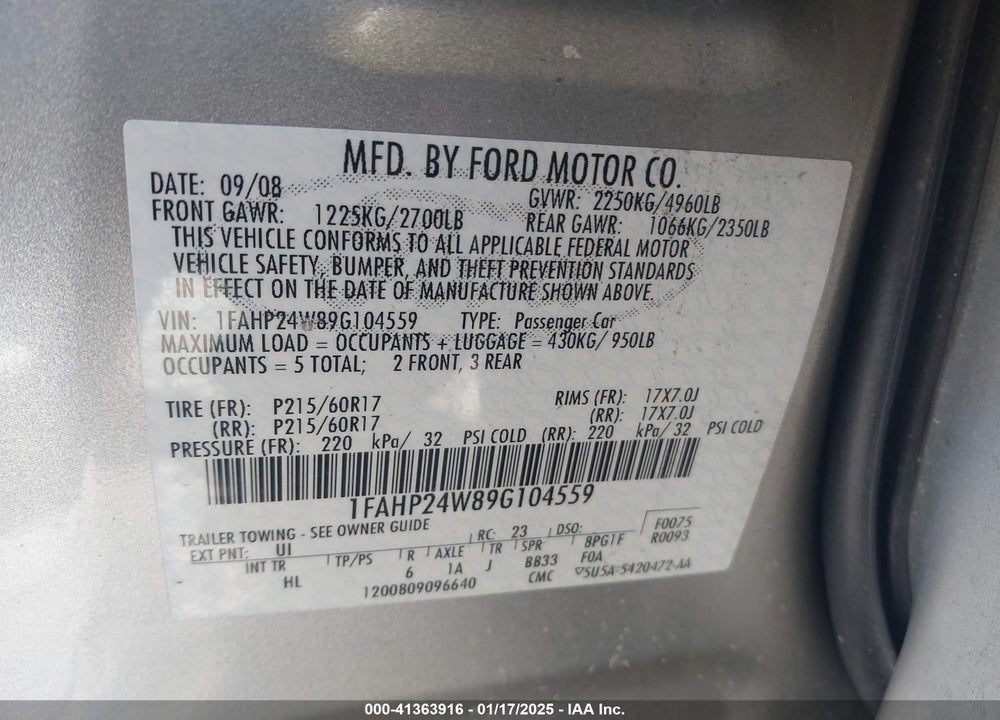 2009 FORD TAURUS SEL VIN: 1FAHP24W89G104559