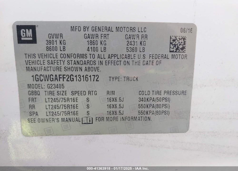 2016 CHEVROLET EXPRESS 2500 WORK VAN VIN: 1GCWGAFF2G1316172