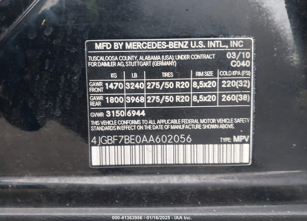 2010 MERCEDES-BENZ GL 450 4MATIC VIN: 4JGBF7BE0AA602056