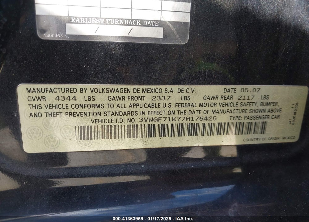 2007 VOLKSWAGEN JETTA VIN: 3VWGF71K77M176425