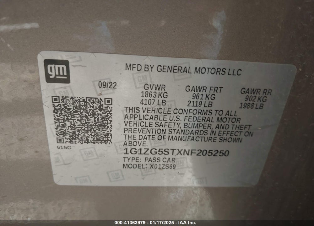 2022 CHEVROLET MALIBU VIN: 1G1ZG5STXNF205250