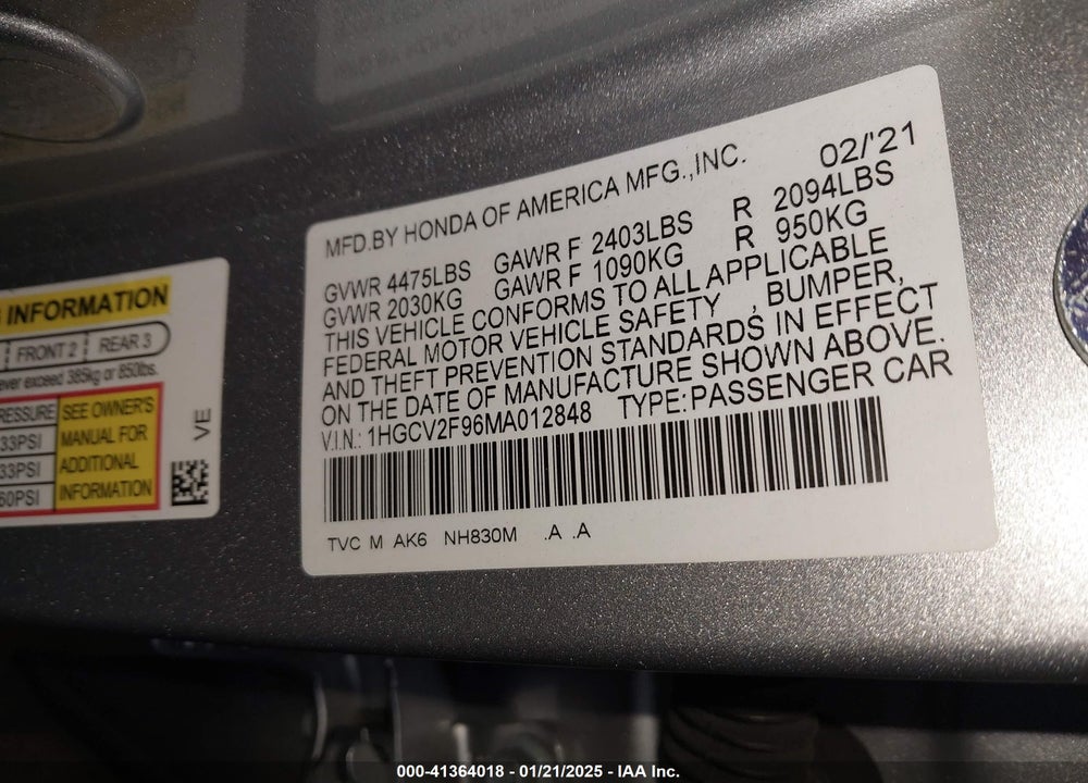2021 HONDA ACCORD TOURING VIN: 1HGCV2F96MA012848