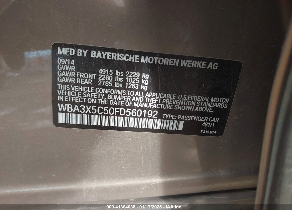 2015 BMW 3 SERIES VIN: WBA3X5C50FD560192