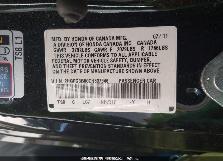 2012 HONDA CIVIC VIN: 2HGFG3B80CH507346