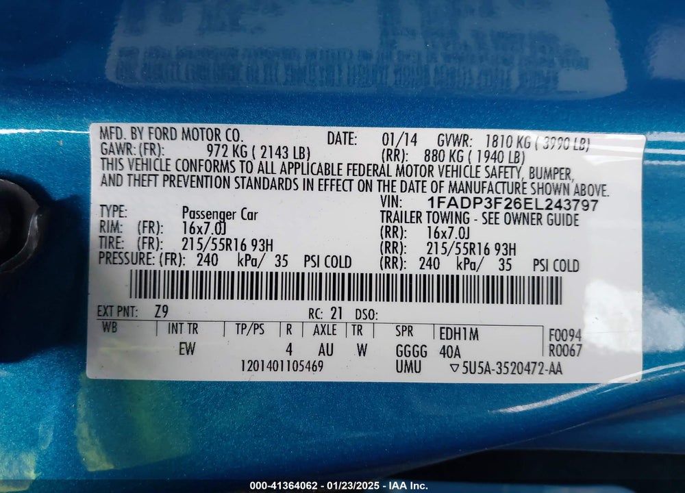 2014 FORD FOCUS VIN: 1FADP3F26EL243797