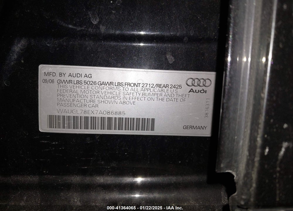 2007 AUDI S4 VIN: WAUGL78EX7A086885