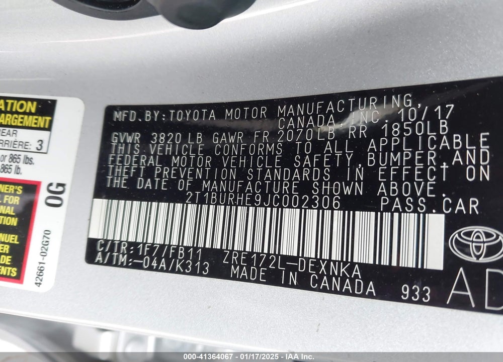 2018 TOYOTA COROLLA VIN: 2T1BURHE9JC002306