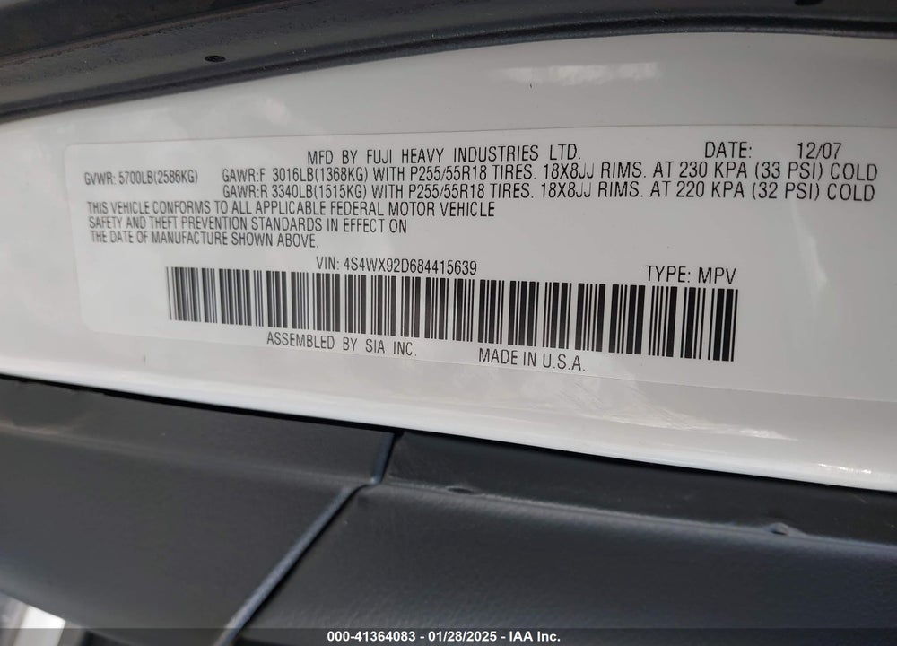 2008 SUBARU TRIBECA LIMITED 5-PASSENGER VIN: 4S4WX92D684415639