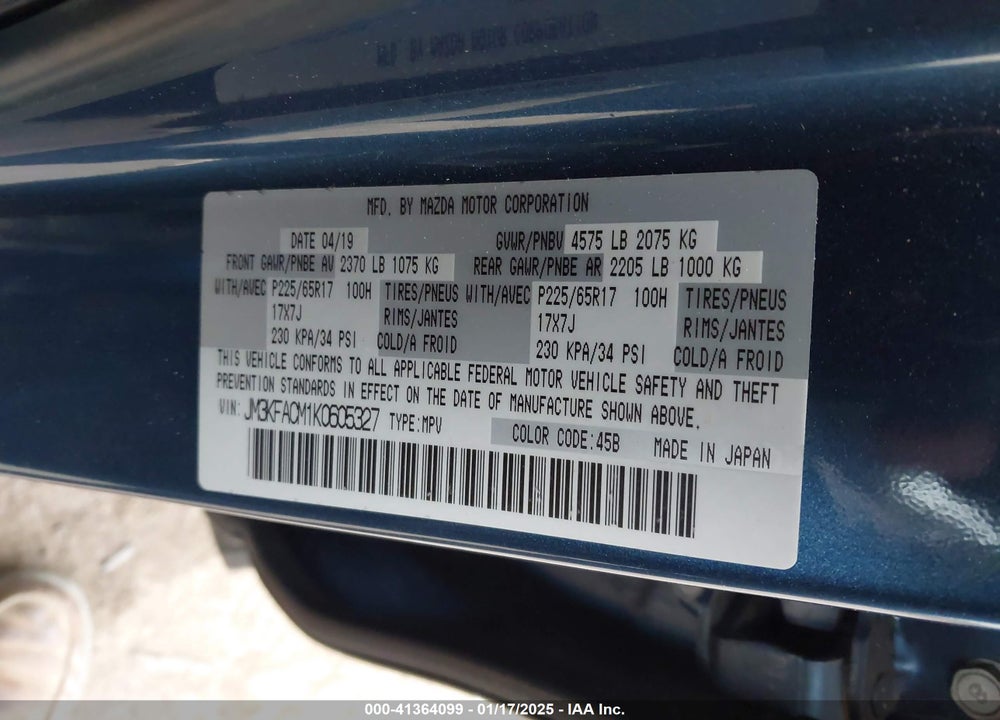 2019 MAZDA CX-5 VIN: JM3KFACM1K0605327