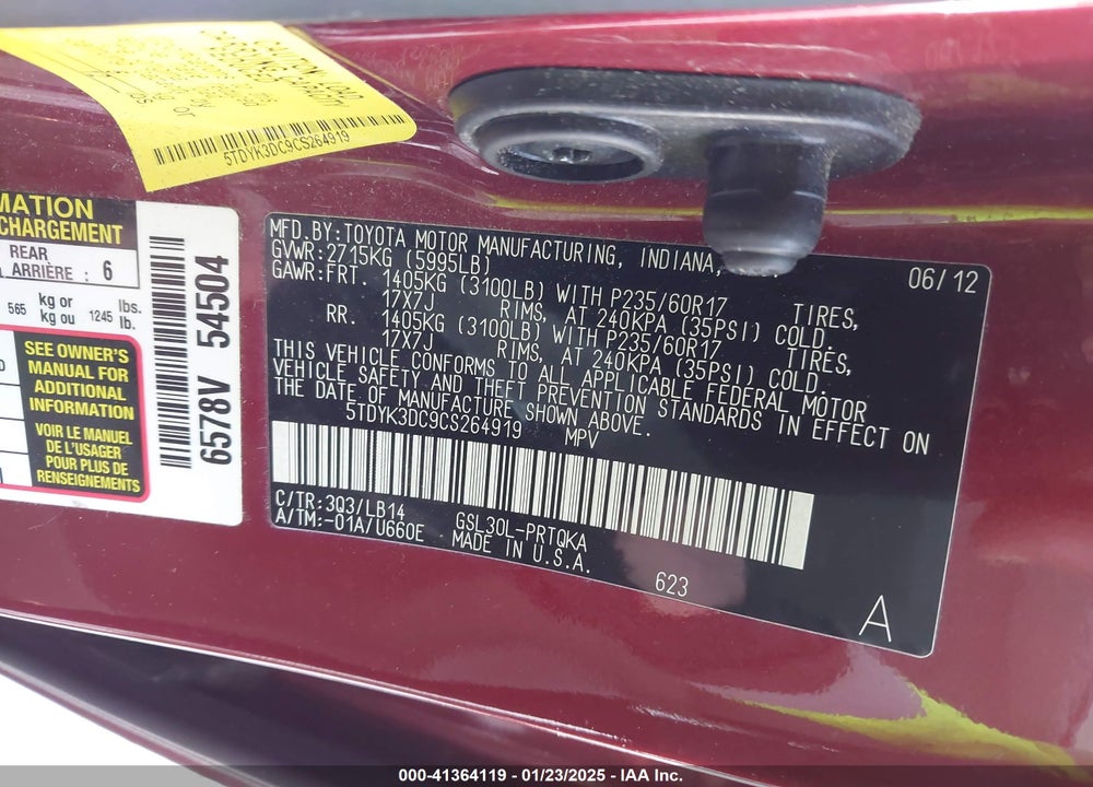 2012 TOYOTA SIENNA XLE V6 8 PASSENGER VIN: 5TDYK3DC9CS264919