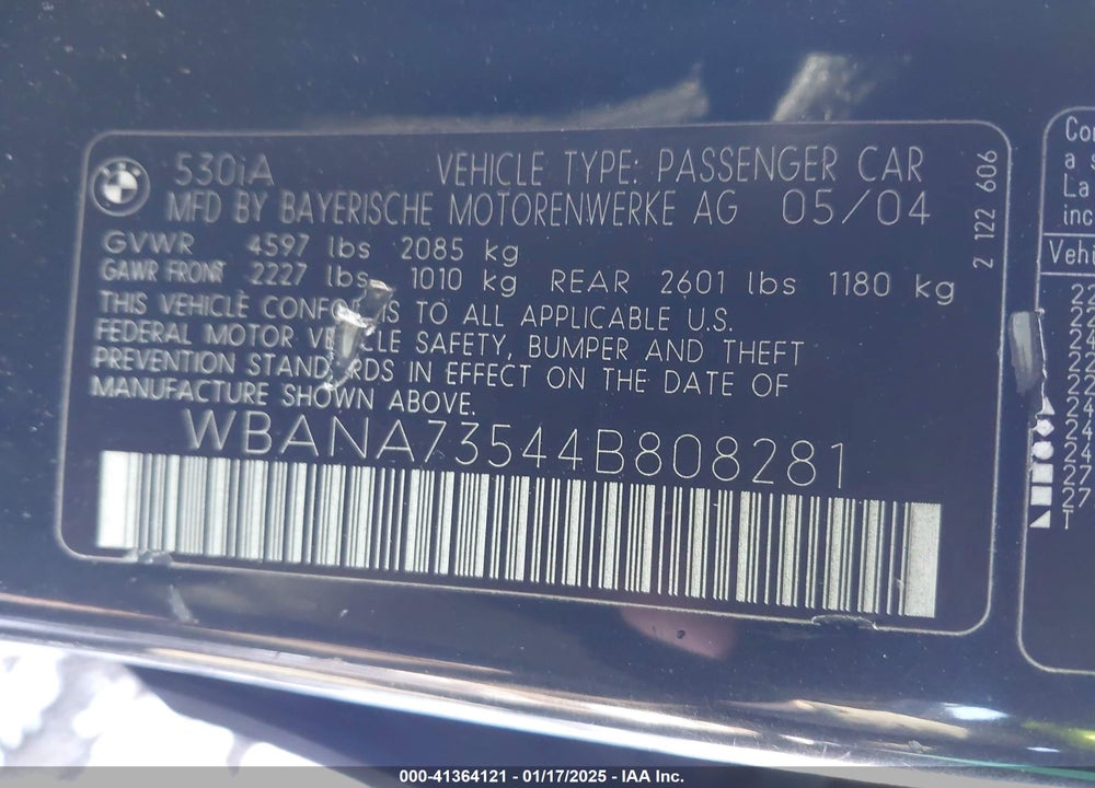 2004 BMW 530I VIN: WBANA73544B808281