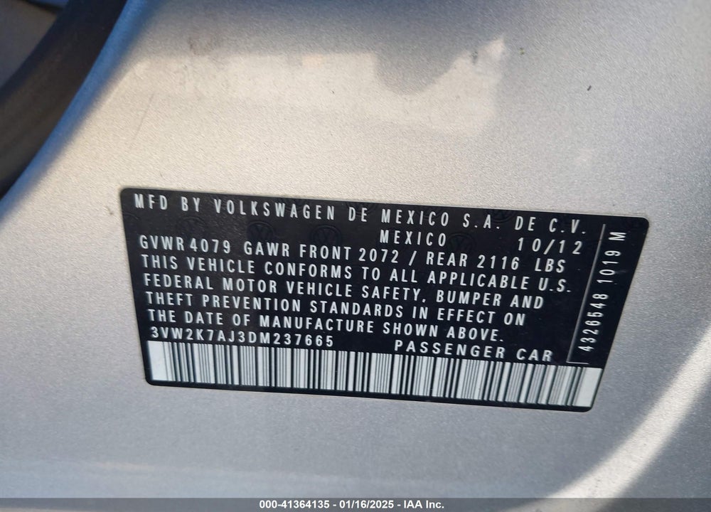 2013 VOLKSWAGEN JETTA VIN: 3VW2K7AJ3DM237665