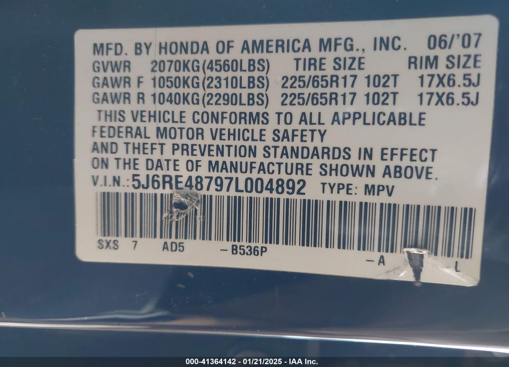 2007 HONDA CR-V EX-L VIN: 5J6RE48797L004892