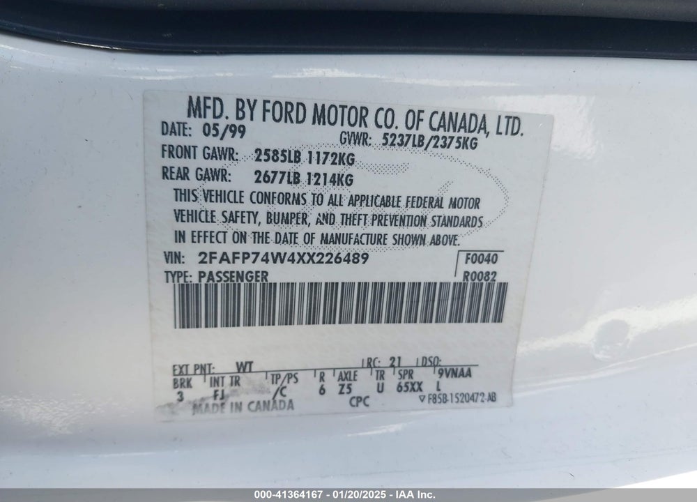 1999 FORD CROWN VICTORIA LX VIN: 2FAFP74W4XX226489