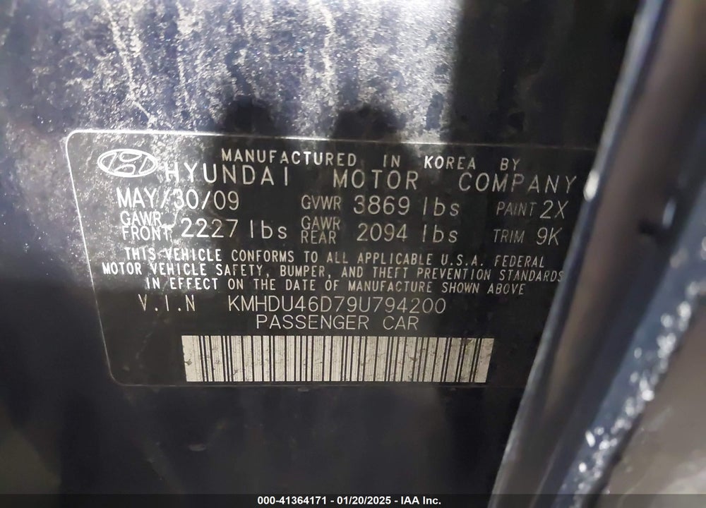2009 HYUNDAI ELANTRA GLS VIN: KMHDU46D79U794200