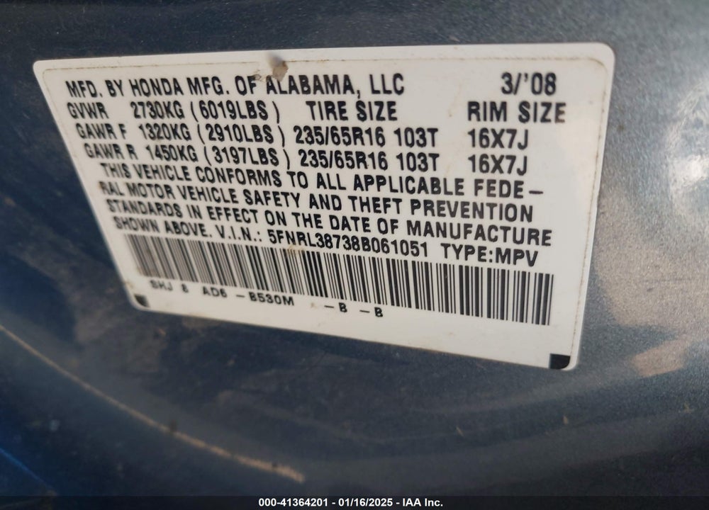 2008 HONDA ODYSSEY EX-L VIN: 5FNRL38738B061051