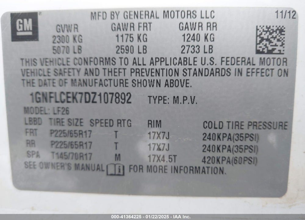 2013 CHEVROLET EQUINOX LS VIN: 1GNFLCEK7DZ107892