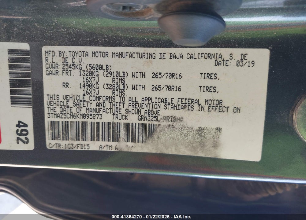 2019 TOYOTA TACOMA VIN: 3TMAZ5CN6KM095873