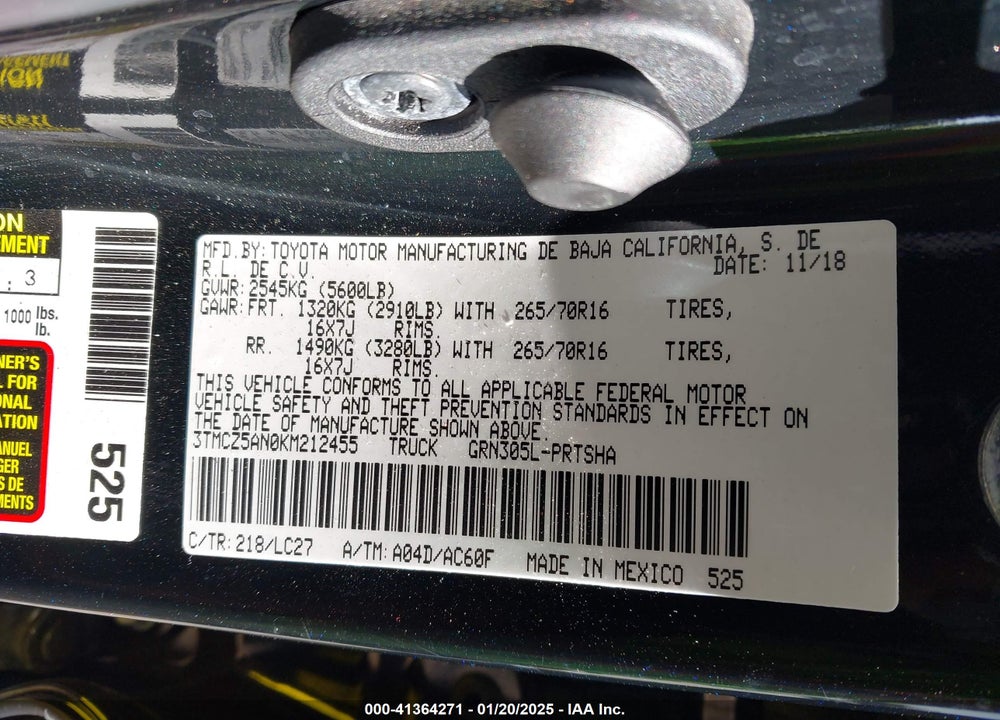 2019 TOYOTA TACOMA VIN: 3TMCZ5AN0KM212455