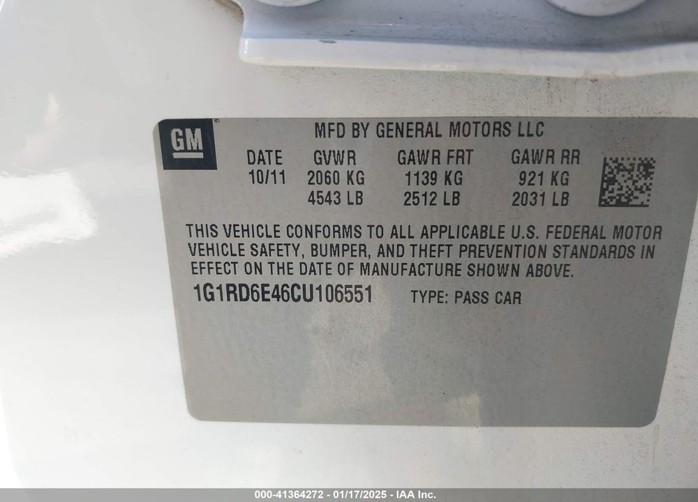 2012 CHEVROLET VOLT VIN: 1G1RD6E46CU106551