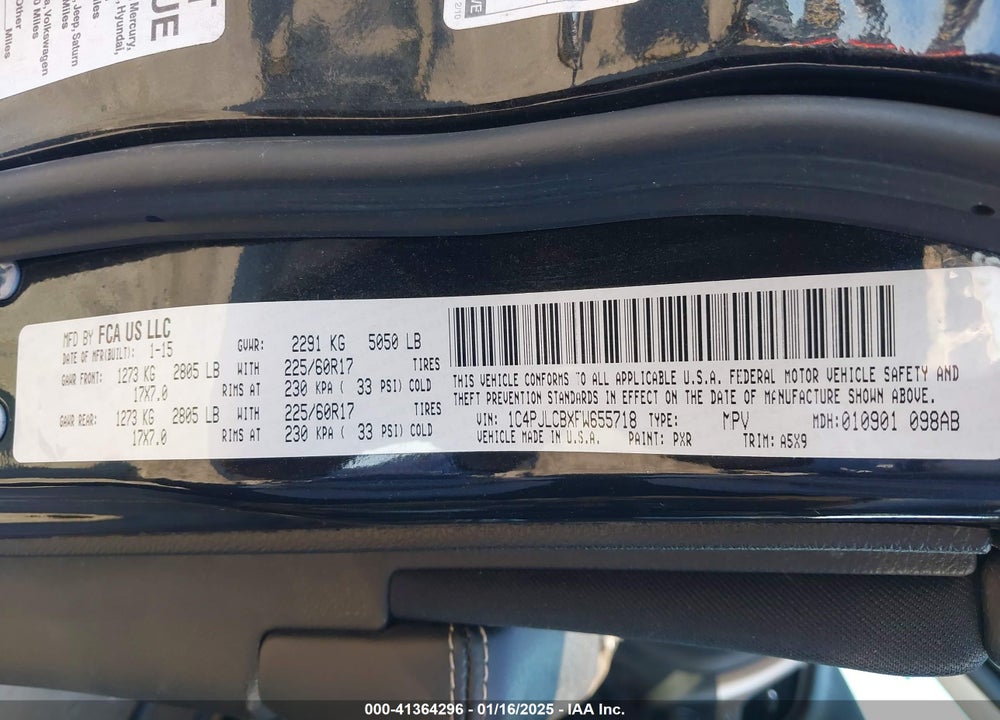 2015 JEEP CHEROKEE LATITUDE VIN: 1C4PJLCBXFW655718