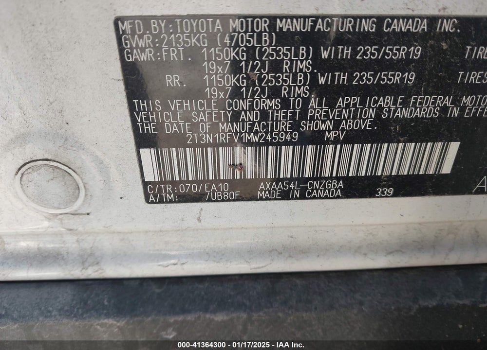 2021 TOYOTA RAV4 LIMITED VIN: 2T3N1RFV1MW245949