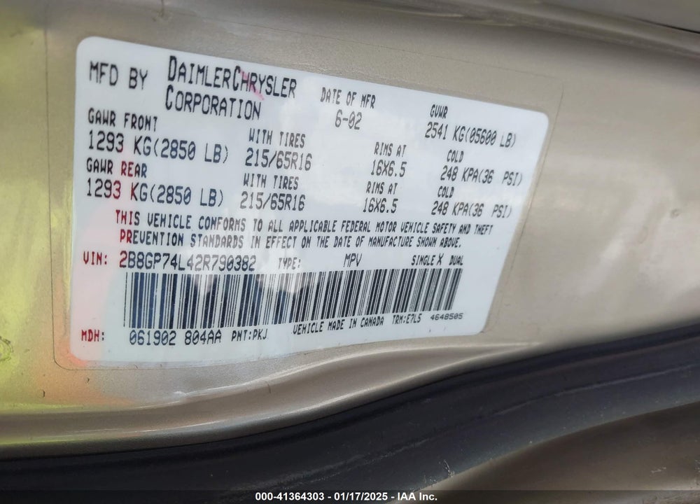2002 DODGE GRAND CARAVAN EX VIN: 2B8GP74L42R790382
