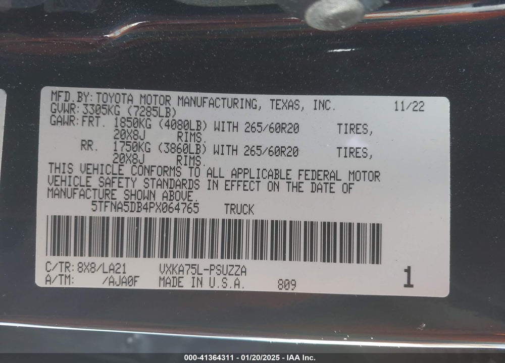 2023 TOYOTA TUNDRA VIN: 5TFNA5DB4PX064765