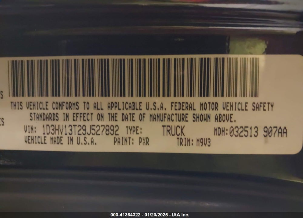 2009 DODGE RAM 1500 VIN: 1D3HV13T29J527892