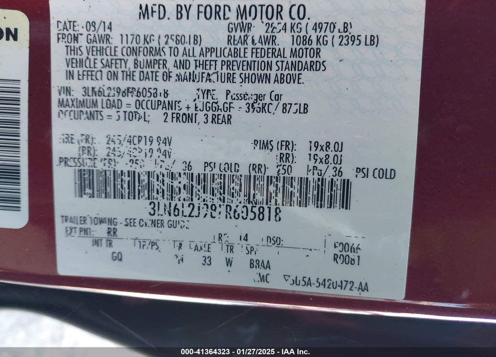 2015 LINCOLN MKZ VIN: 3LN6L2J98FR605818