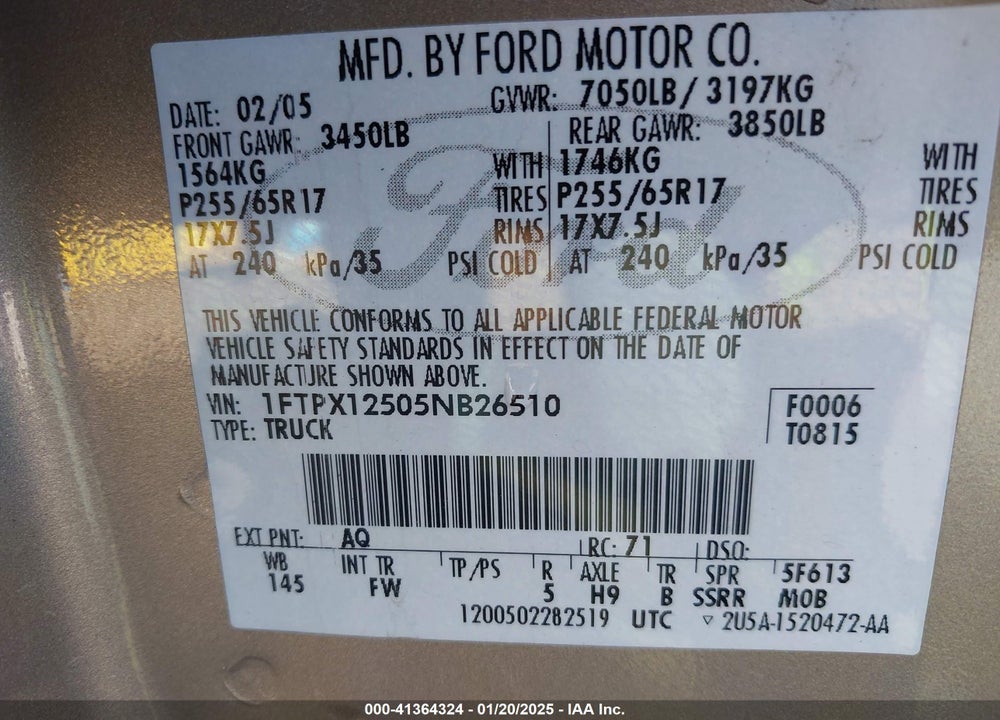 2005 FORD F-150 LARIAT/XL/XLT VIN: 1FTPX12505NB26510