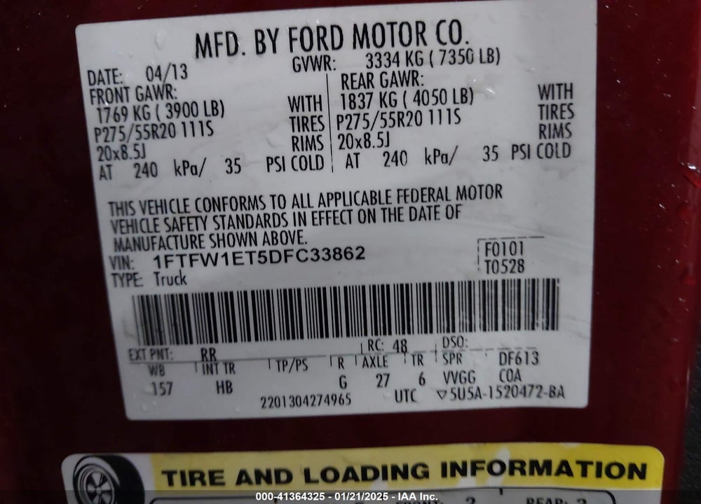 2013 FORD F-150 VIN: 1FTFW1ET5DFC33862