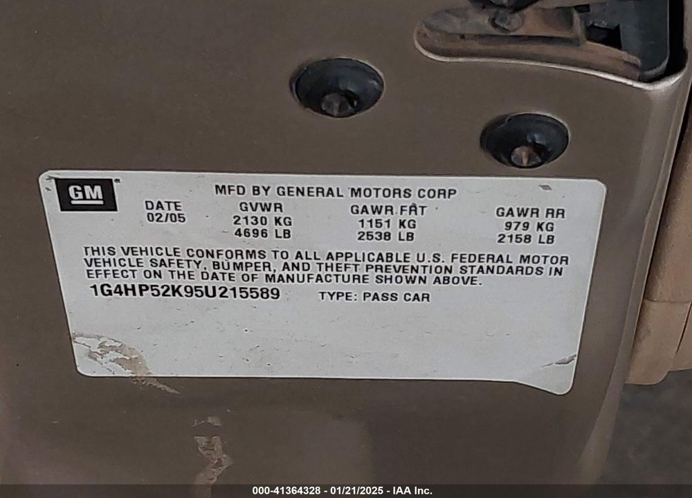 2005 BUICK LESABRE CUSTOM VIN: 1G4HP52K95U215589