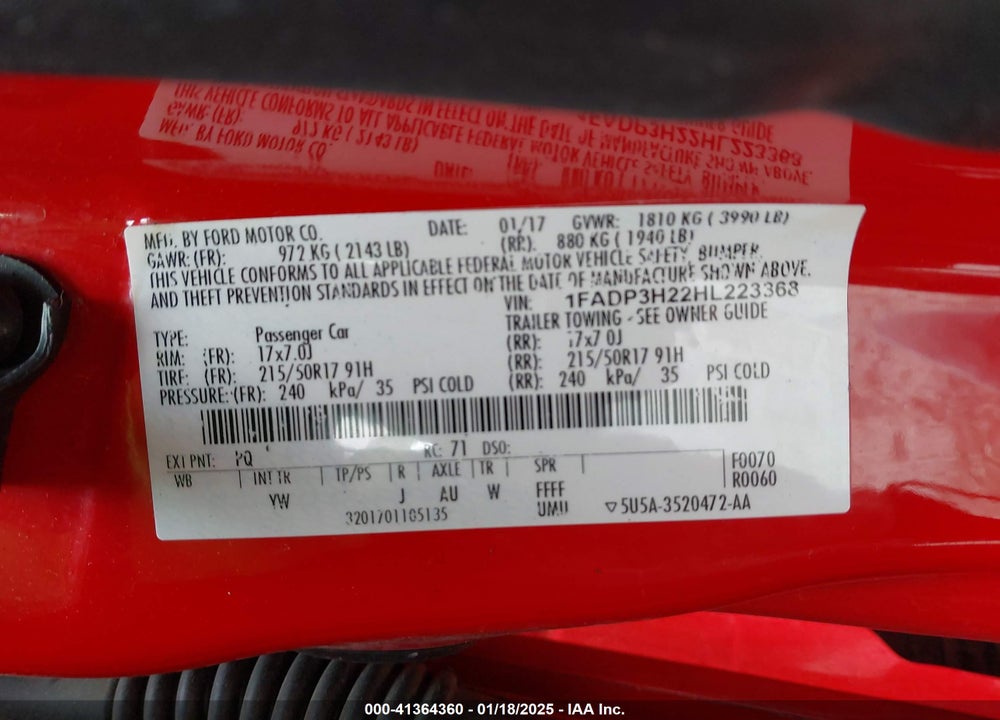 2017 FORD FOCUS SEL VIN: 1FADP3H22HL223368