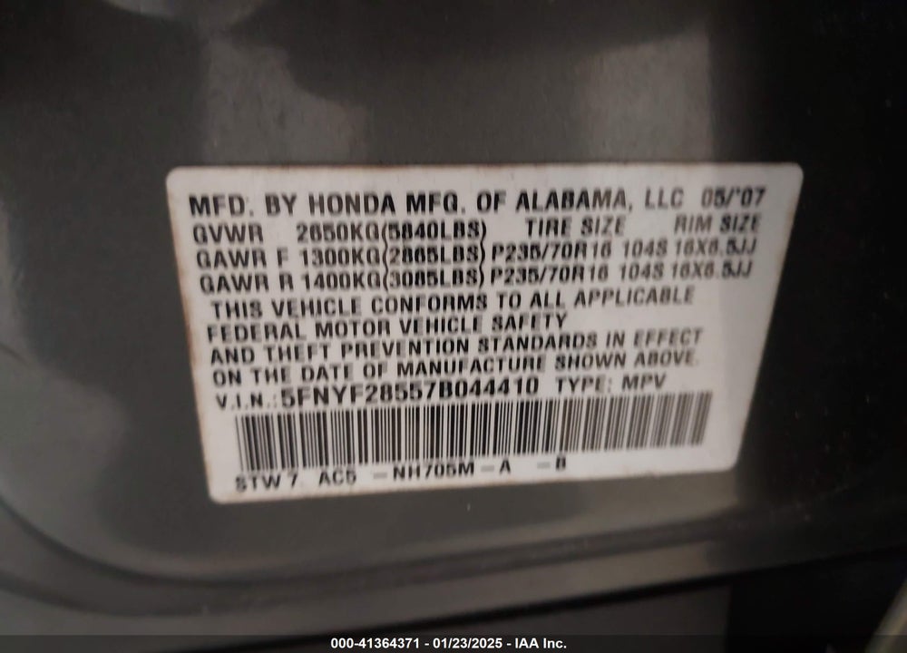 2007 HONDA PILOT EX-L VIN: 5FNYF28557B044410