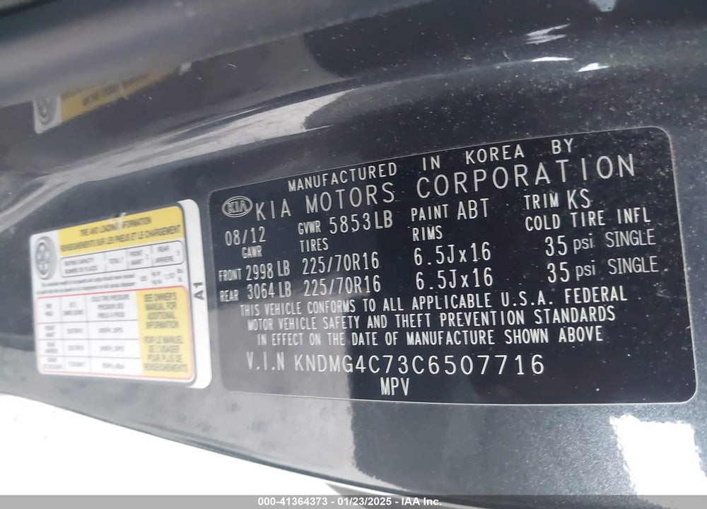 2012 KIA SEDONA LX VIN: KNDMG4C73C6507716